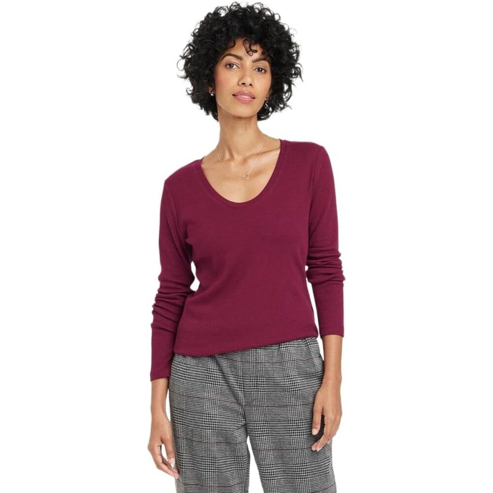 Women's Long Sleeve Crewneck Ribbed T-Shirt - A New Day Burgundy
